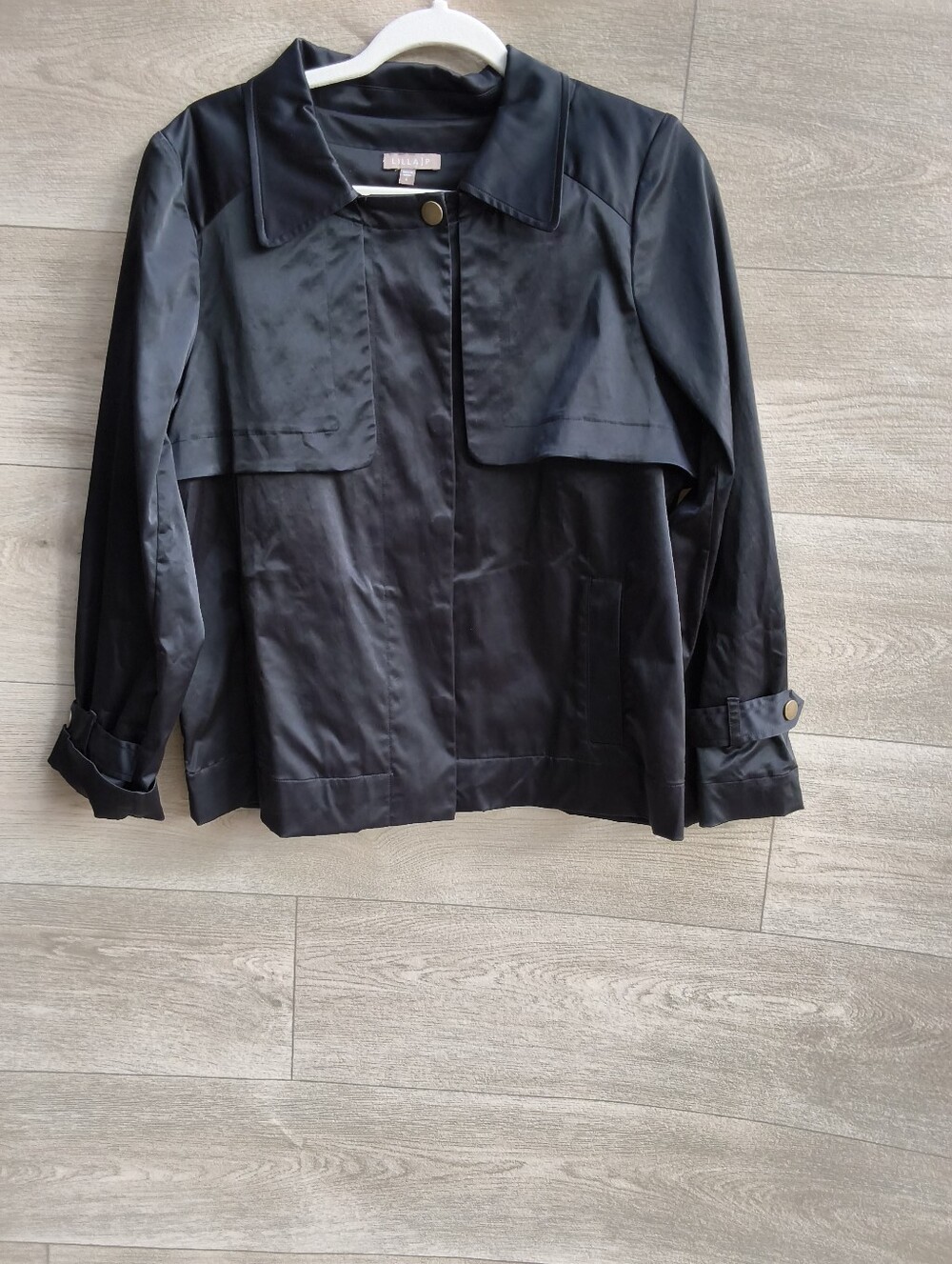 Lilla P Women's Black Satin Finish Short Trench Jacket Snap Front Large